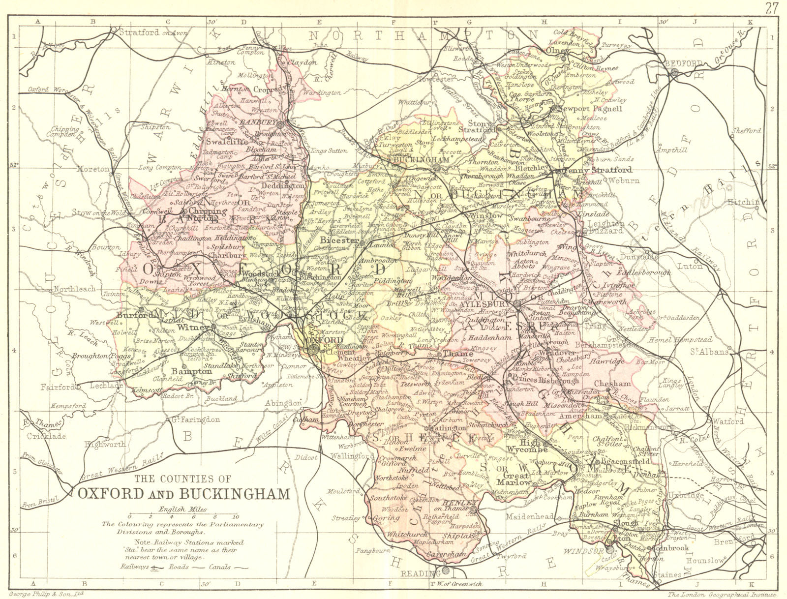 OXON BUCKS. Oxfordshire Buckinghamshire; Philip 1890 old antique map chart